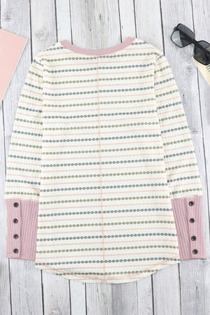 Wishful Moment Printed Waffle-Knit Buttoned Cuff Top