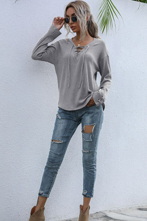 Daily Efforts Lace-Up Ribbed Top
