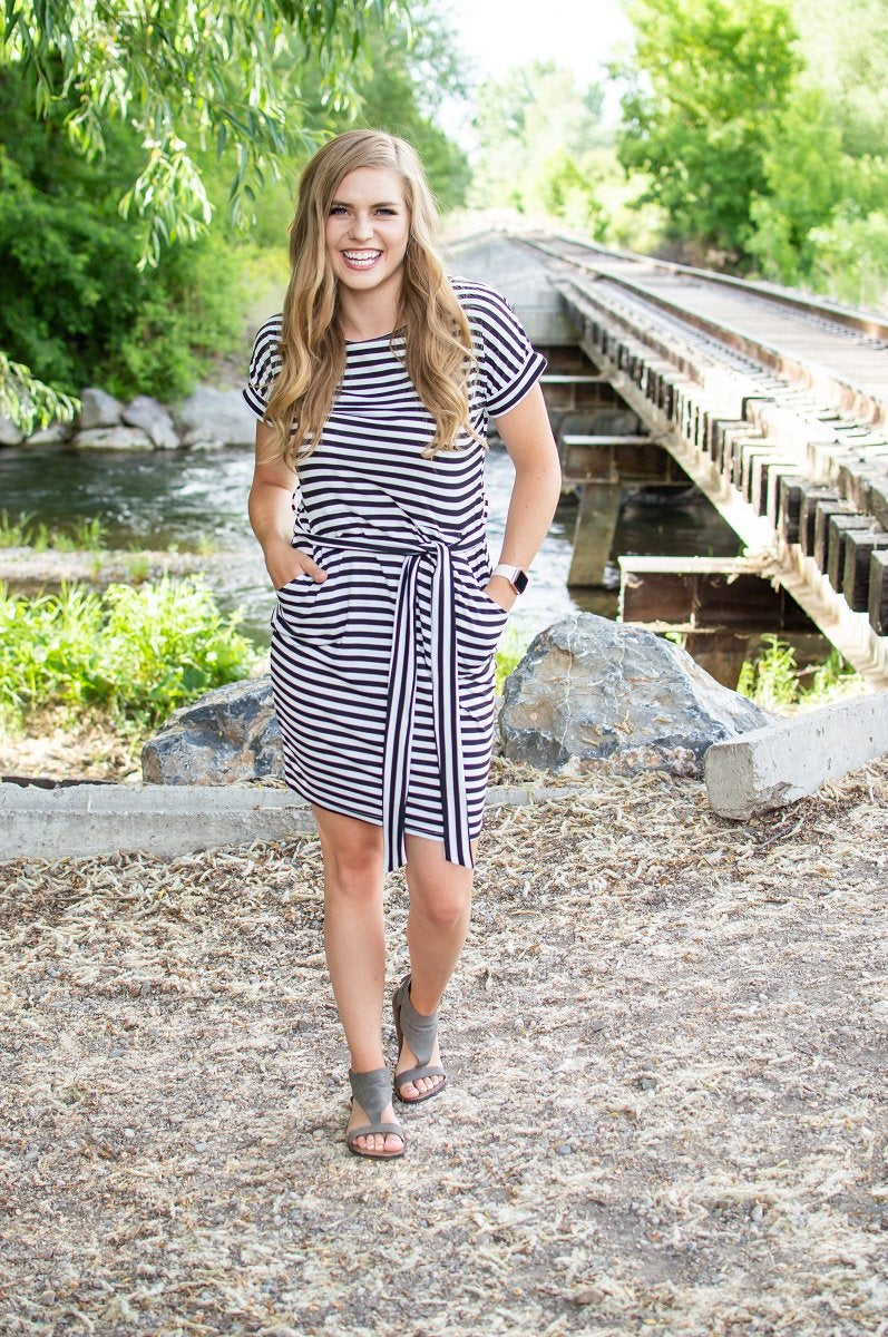 Dress with Pockets | Black and White Stripes