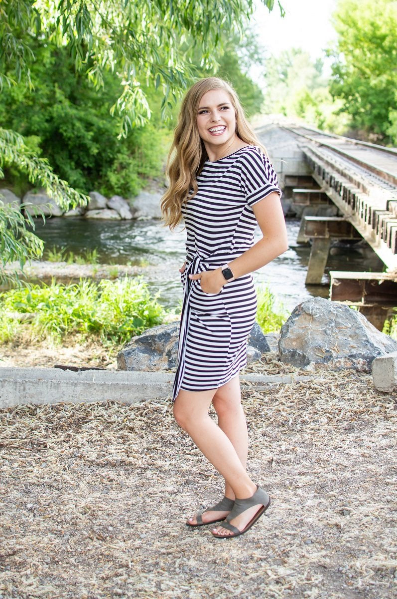 Dress with Pockets | Black and White Stripes