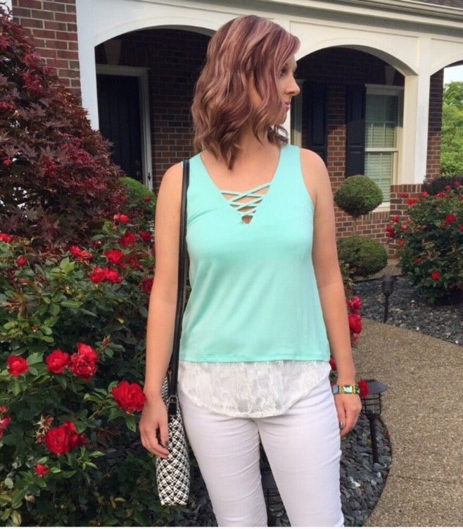 Kristin Lace Trim Tank  - The Peach Mimosa 