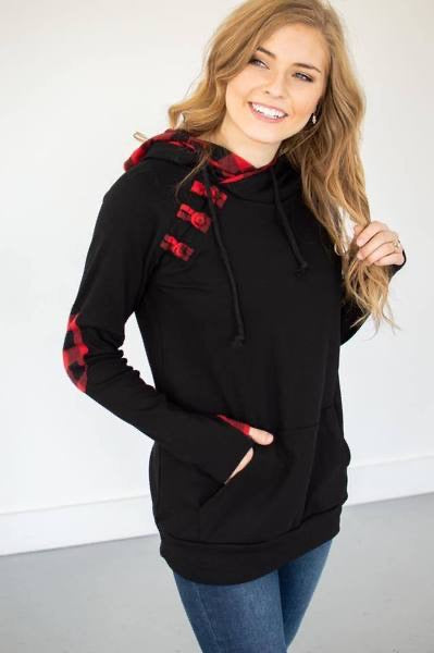Black Buffalo Plaid Accent Hoodie