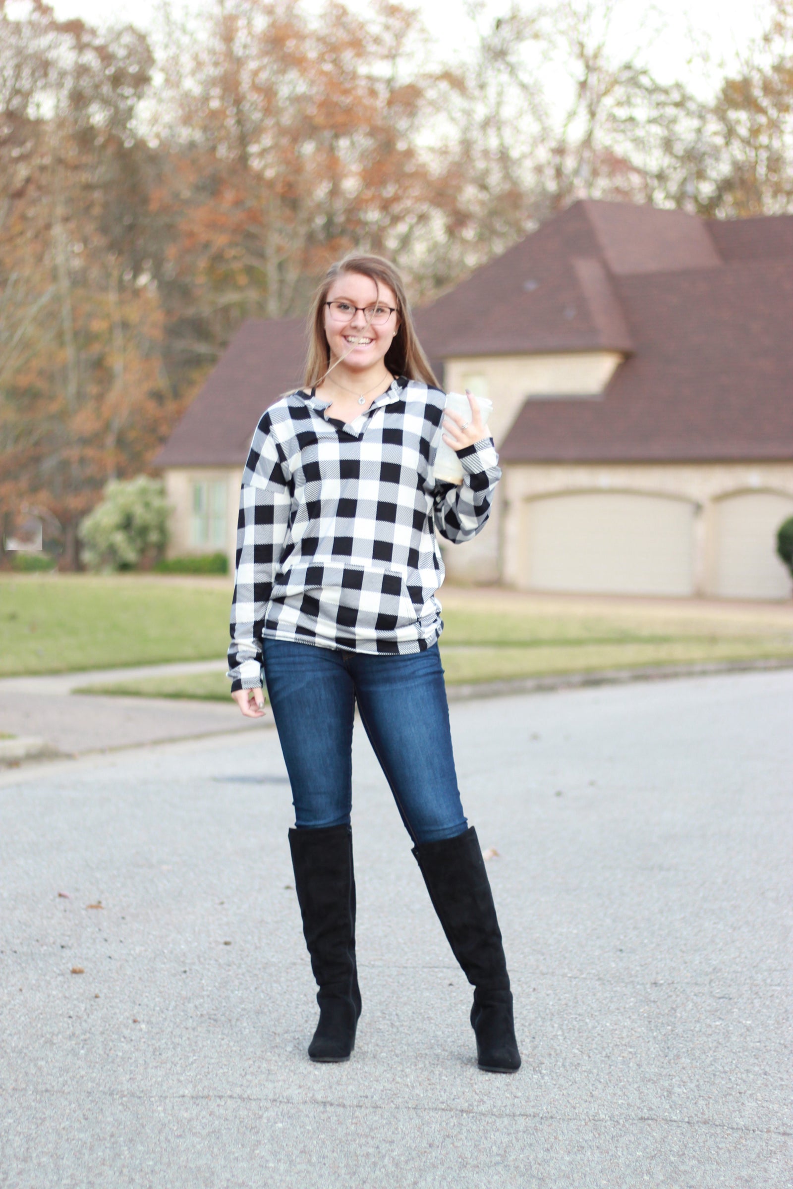 Sadie Kangaroo Top | Black and White Buffalo Plaid