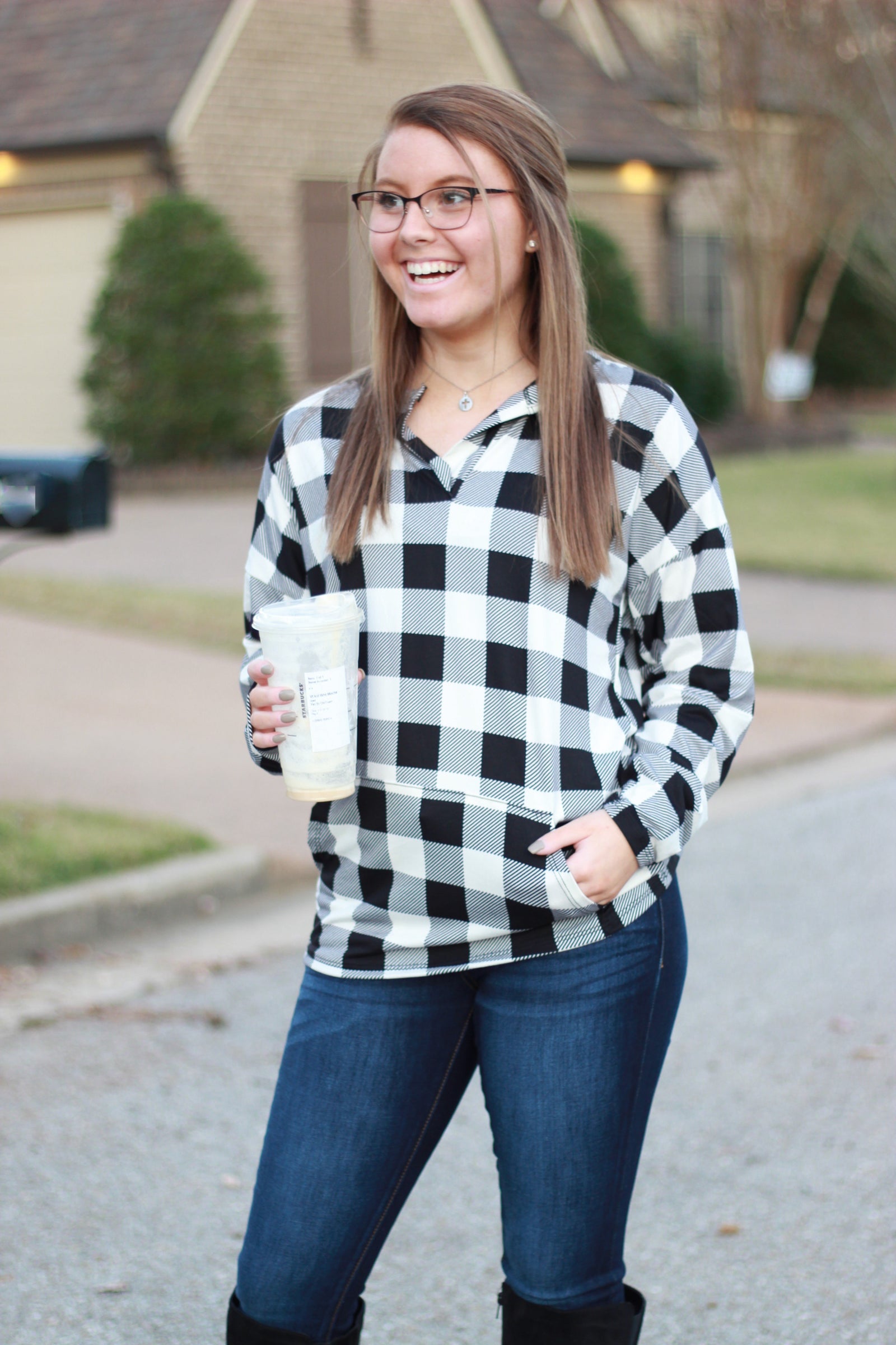 Sadie Kangaroo Top | Black and White Buffalo Plaid