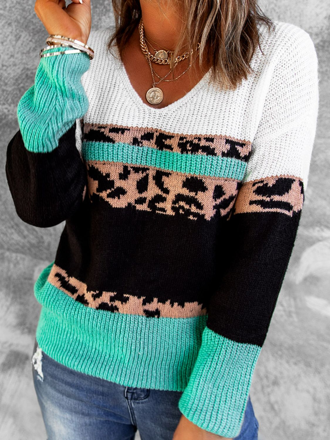 This Time Leopard Color Block Sweater