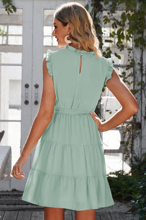 Moving On Tie Belt Tiered Dress