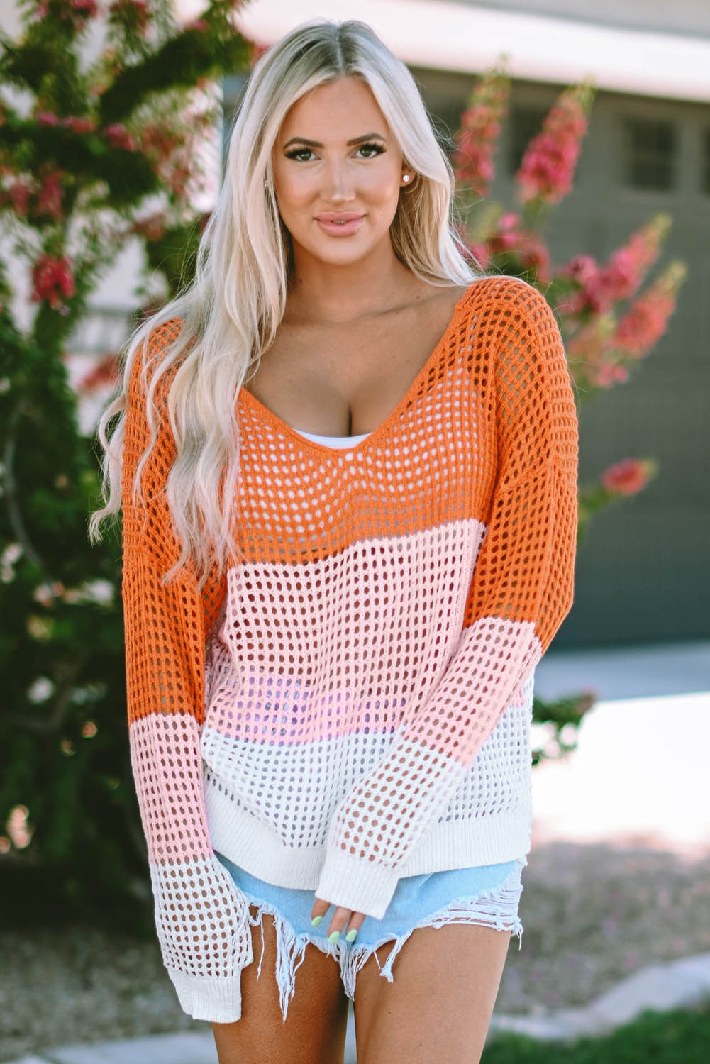 You're Worth It Openwork V-Neck Sweater