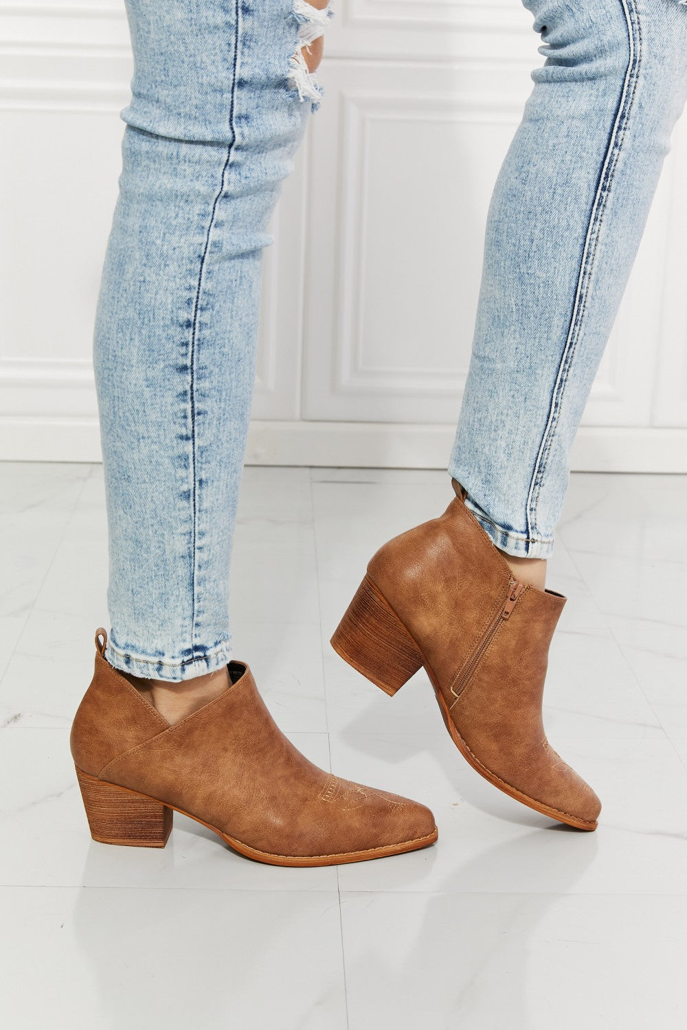Trust Yourself Embroidered Crossover Cowboy Bootie-Caramel