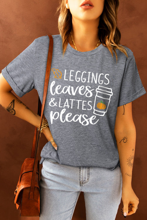 Leggings, leaves, and lattes graphic tee