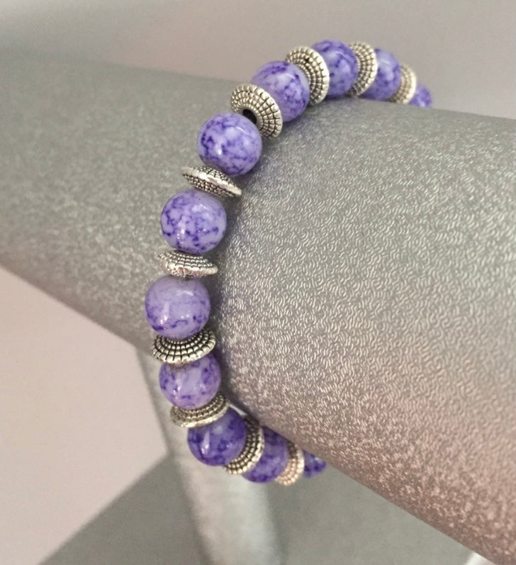 Purple Silver Disk Bead Bracelet